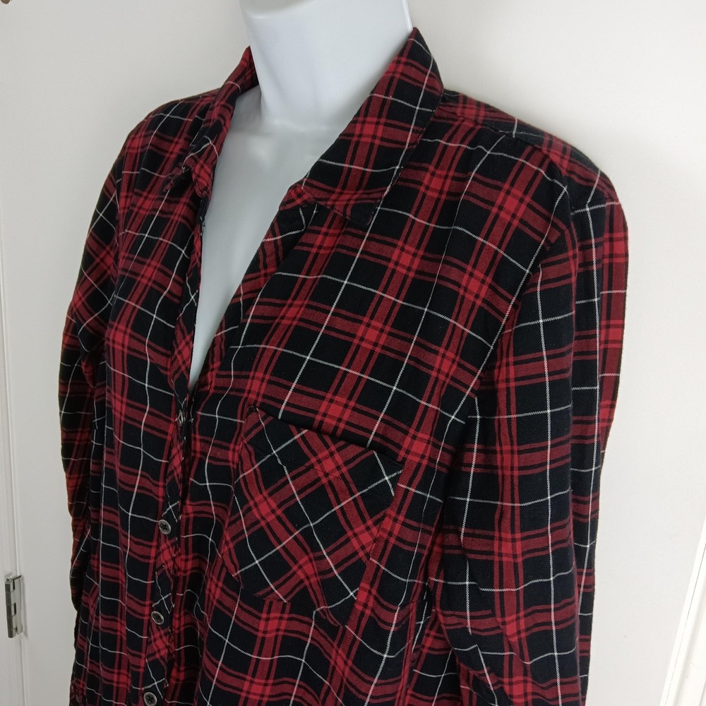 J Jill Shirt Womens Extra‎ Large Red Black Plaid Button Down Long Tunic Cotton